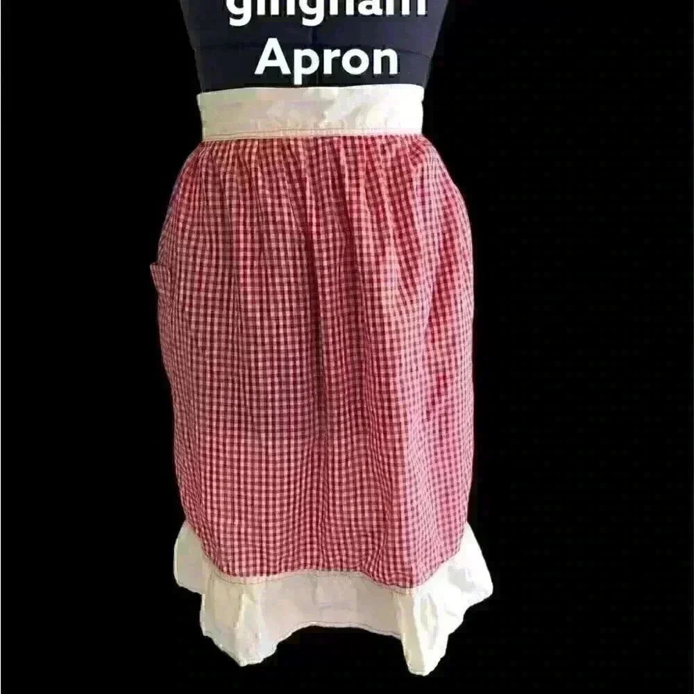 vtg handmade ginham red white apron small medium